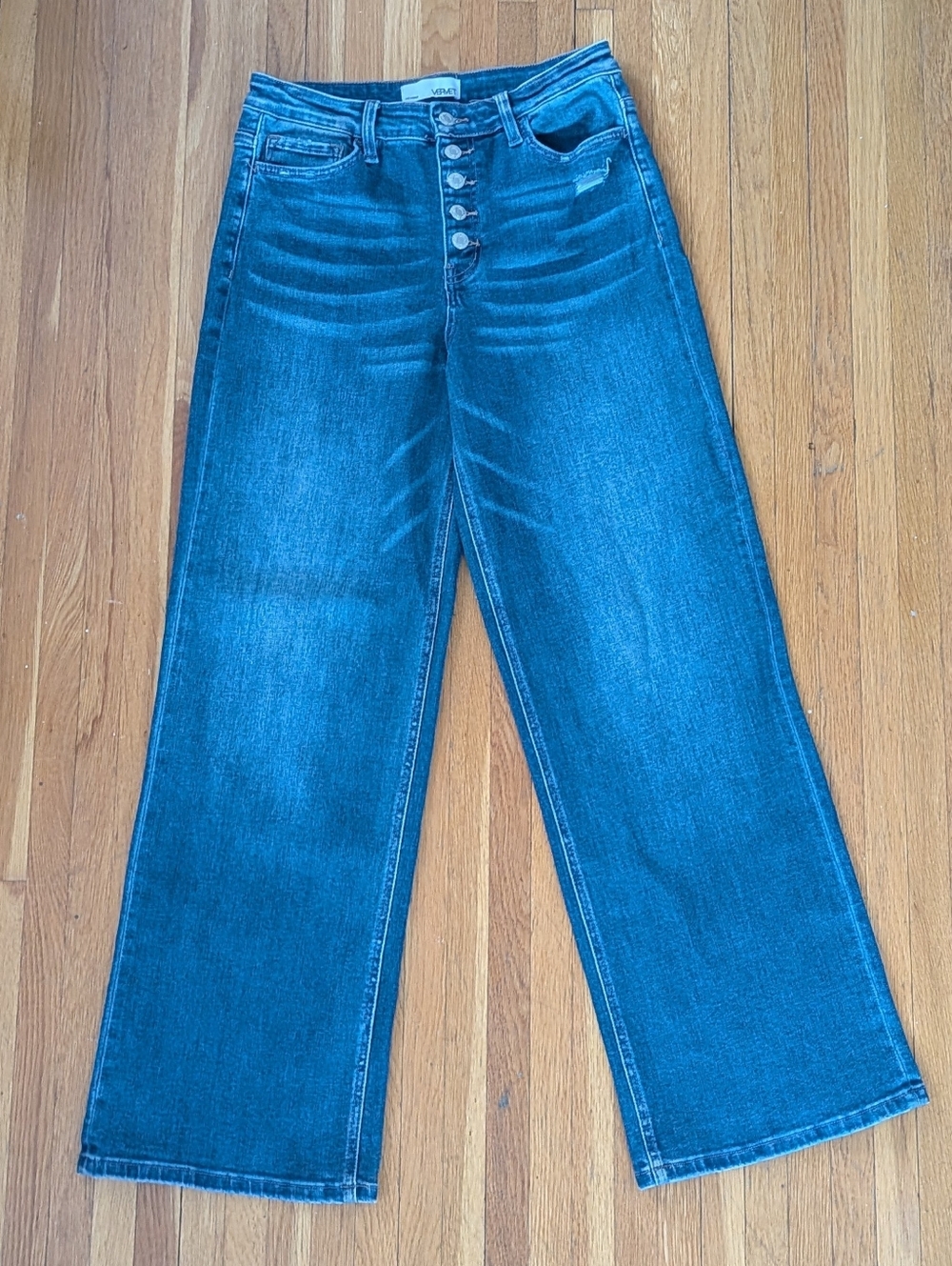 Vervet wide leg high rise button fly blue jeans, size 29